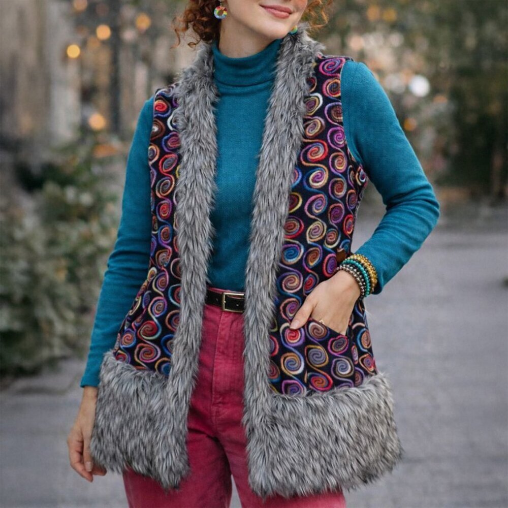 The Collection Royal Whimsical Multicolor Swirl Faux Fur Trim Vest Size S - Picture 3 of 6